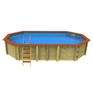 Wooden above ground pool with brown trim and blue water. Includes a ladder and silver handrails for easy access.