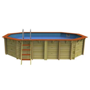 Wooden above-ground pool with brown wood panels and ladder for easy access. Perfect for backyard fun.