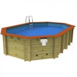 Wooden above ground swimming pool with blue interior and orange trim. Features ladder and filtration system.