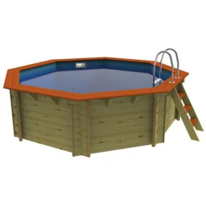 Wooden above-ground swimming pool with ladder. Octagon shape, light brown wood, orange trim, for backyard summer fun.