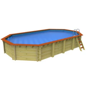 Wooden above-ground swimming pool with blue water and ladder, for backyard fun and relaxation.