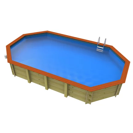 Above ground wood swimming pool with blue water, orange trim, and a ladder.
