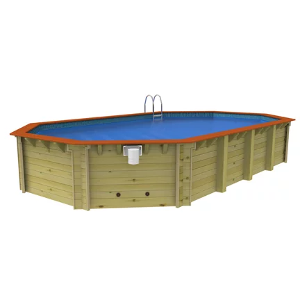 Wooden above-ground pool with orange trim, blue water, and ladder for swimming and outdoor fun.
