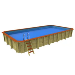 Wooden above-ground pool with a ladder, featuring a blue liner. Ideal for backyard fun and relaxation.