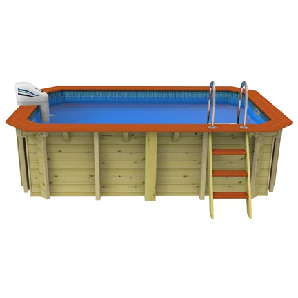 Wooden above-ground exercise pool with orange trim, blue interior, ladder, and a water pump, ideal for at-home aquatic workouts.