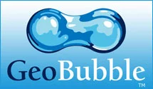 Blue GeoBubble logo with transparent bubbles and text. Represents mapping software, data visualization, and earth-related products.