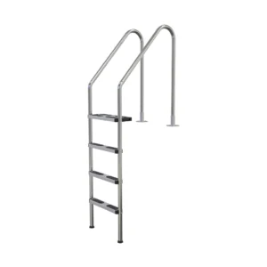 Stainless steel pool ladder with four treads and handrails for easy entry and exit.