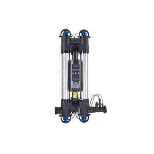 Pool water disinfection system with stainless steel and black components and blue accents.