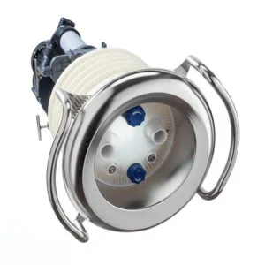 Swimming pool countercurrent system with stainless steel handles, white and blue details.