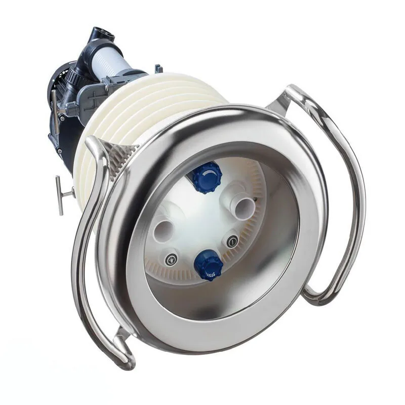 Swimming pool countercurrent system with stainless steel handles, white and blue details.