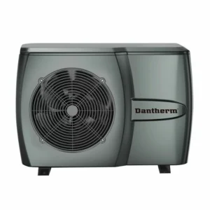 Dantherm 700H heat pump in gray. Outdoor air conditioning unit with fan and brand logo. Metallic design.