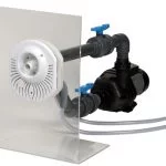 Spa jet system, white, black, and blue components. Water pump, pipes, and control valves.
