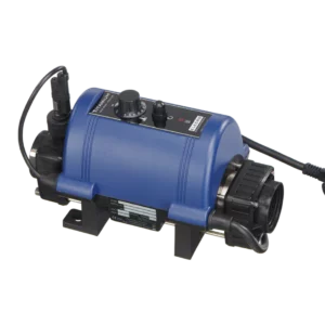 Blue titanium spa heater with black controls and power cord.