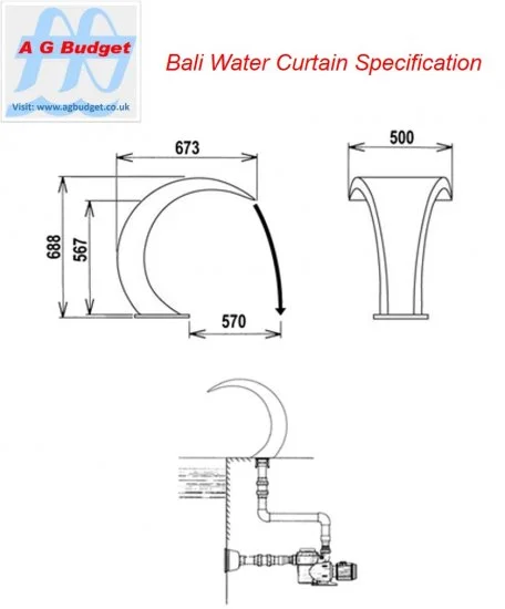 Bali water curtain specification diagram, stainless steel finish, with dimensions and technical details.