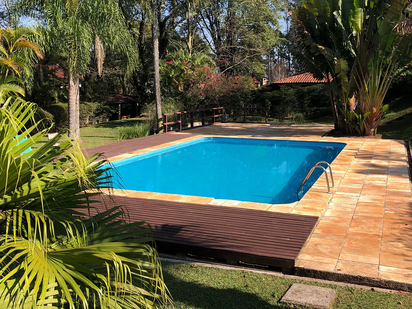 Image of an in-ground swimming pool in a garden.