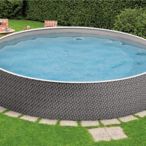 The blu-line 12ft round swimming pool in a back garden.