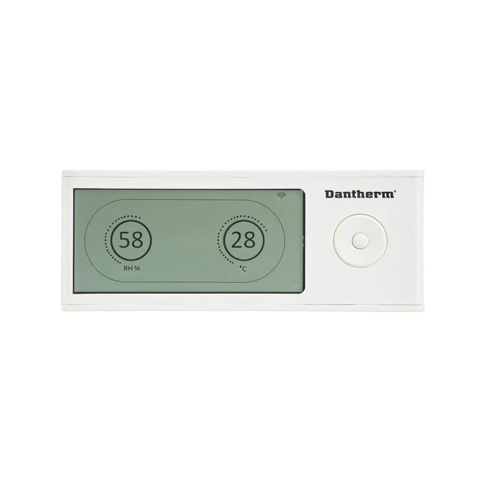 White Dantherm wireless remote control with digital display showing humidity and temperature.