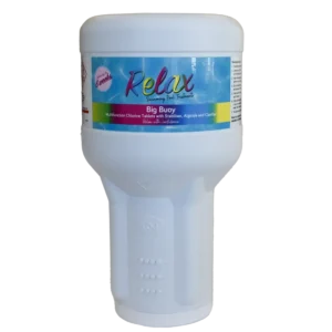 White plastic pool chlorine buoy dispenser for tablets. Features stabilize and clarifier.