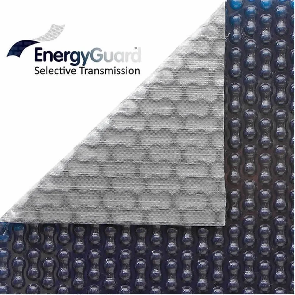 Blue and gray GeoBubble pool cover, EnergyGuard, selective transmission, woven material.