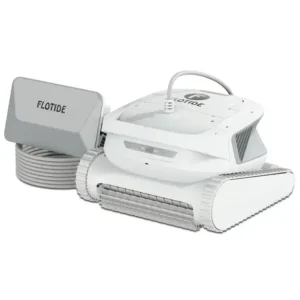 White robotic pool cleaner with gray accents, cleaning robot.