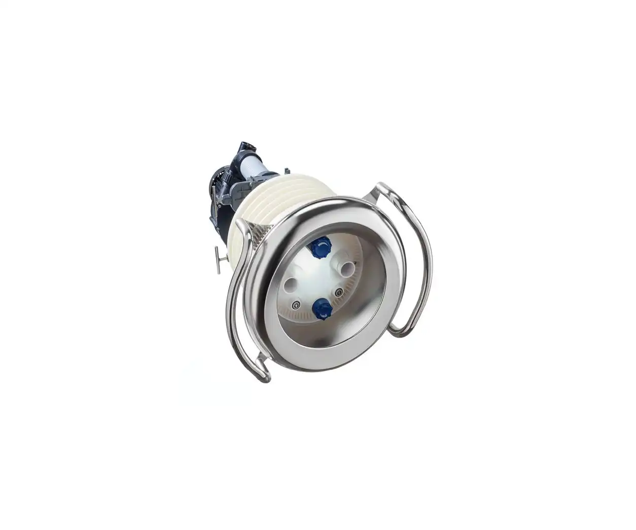 Stainless steel counter-current unit for pools, featuring a brushed metal finish, blue jets, and handles for easy use.