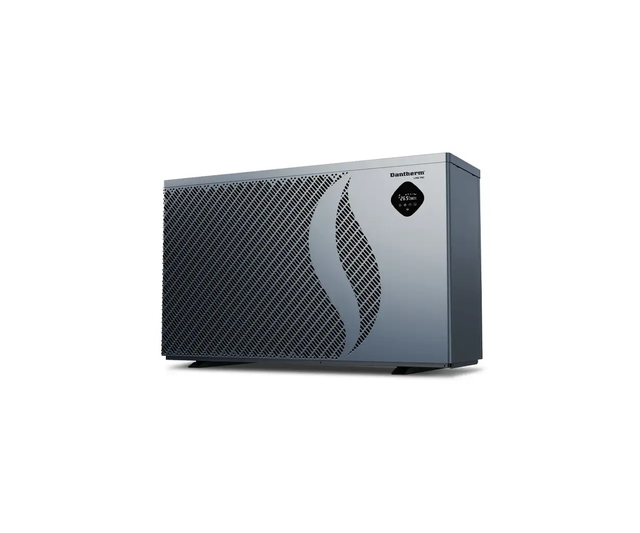 Inverter heat pump for pools, with a gray metal exterior and digital display.