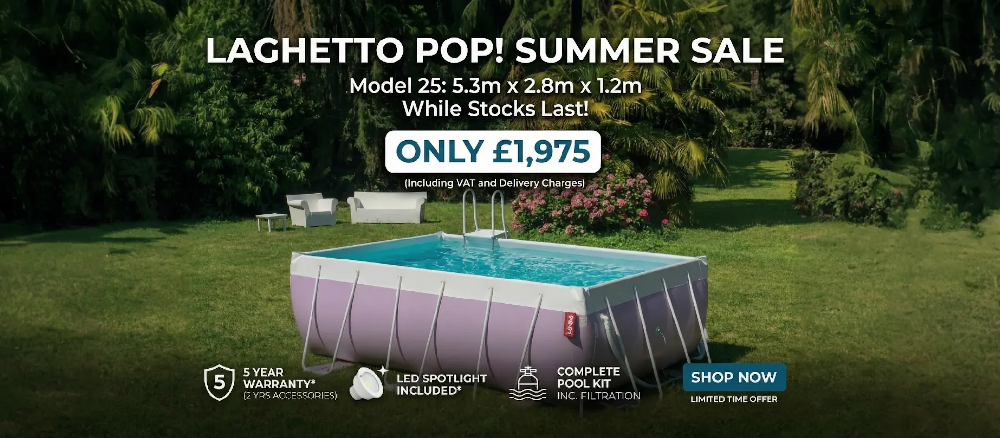 Rectangular above-ground pool, pink and white, metal frame, outdoor backyard setup, with ladder and water.