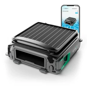 Black WYBOT F1 solar powered robotic pool surface skimmer with mobile app connectivity.