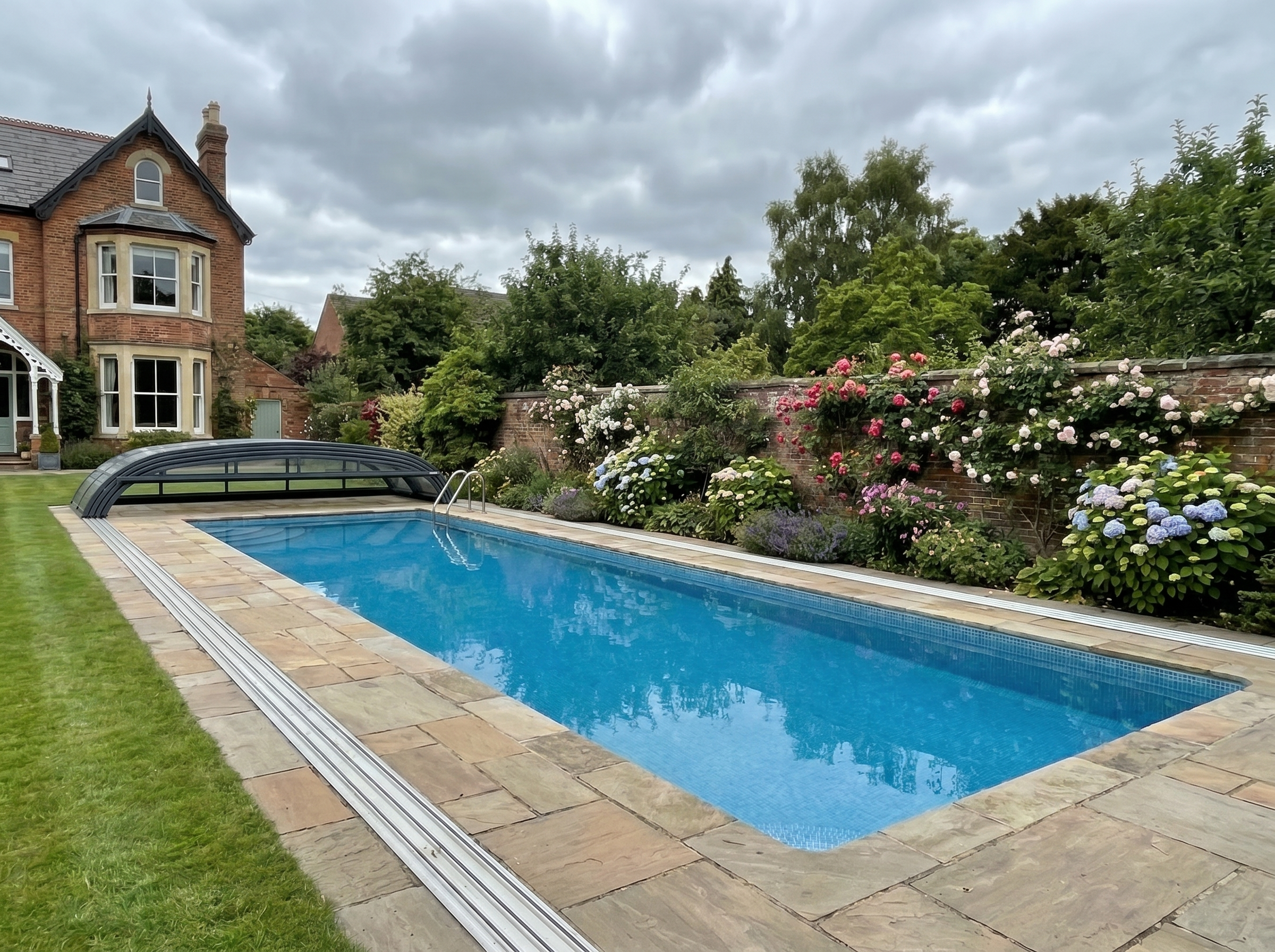 Rectangular outdoor swimming pool with blue water, stone surround, metal ladder and a retractable pool cover.