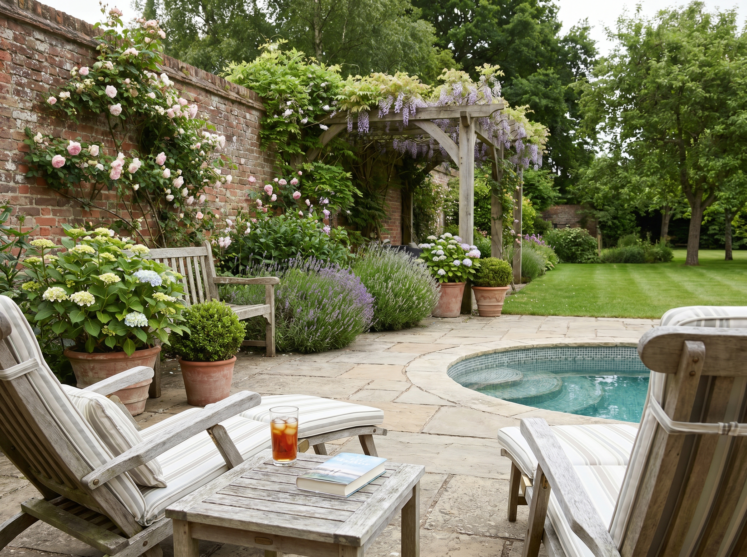 Wooden patio furniture with striped cushions, poolside seating, outdoor relaxation, garden oasis, leisure.