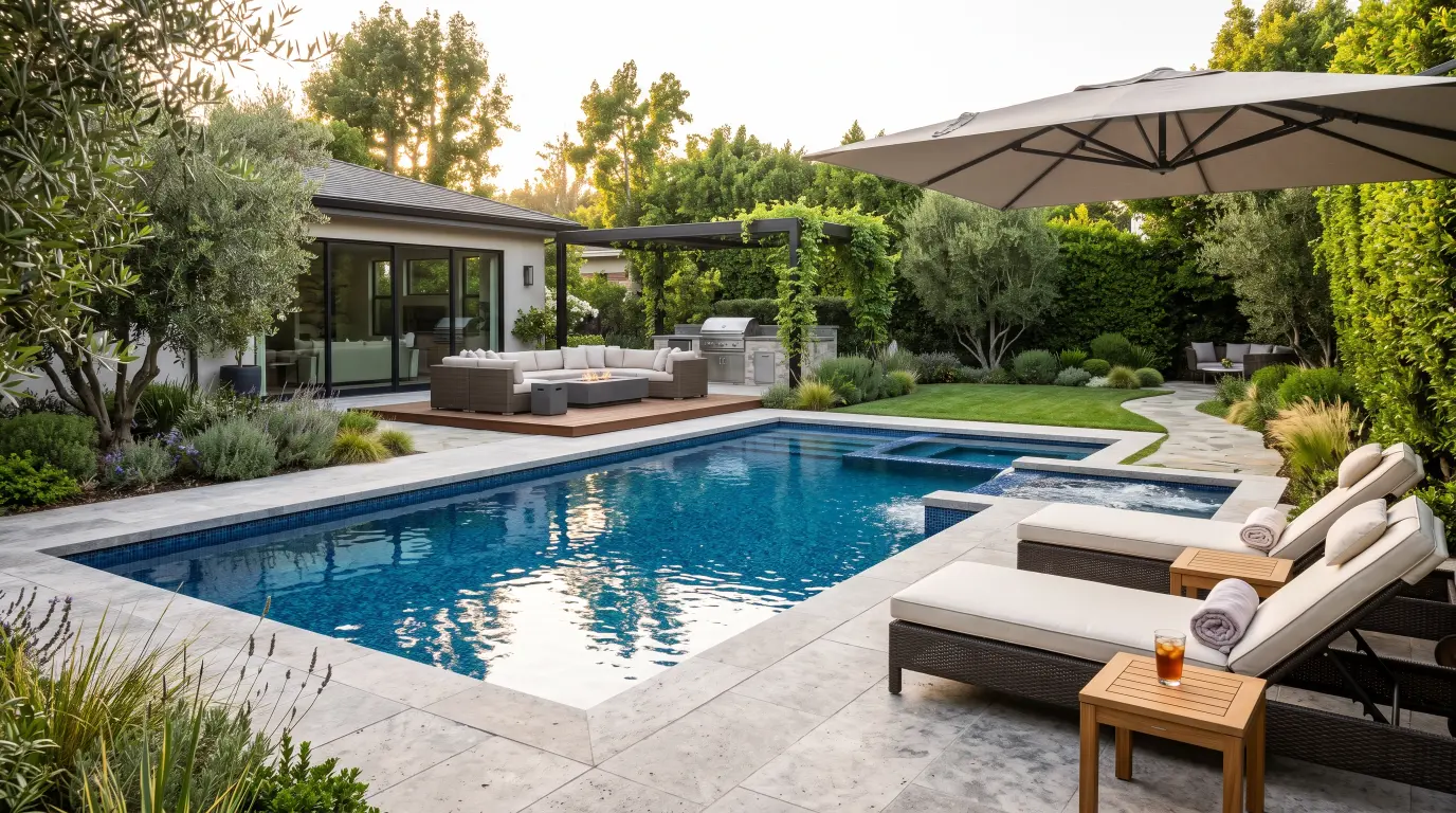 An Image Of A Luxury Swimming Pool In A Back Garden